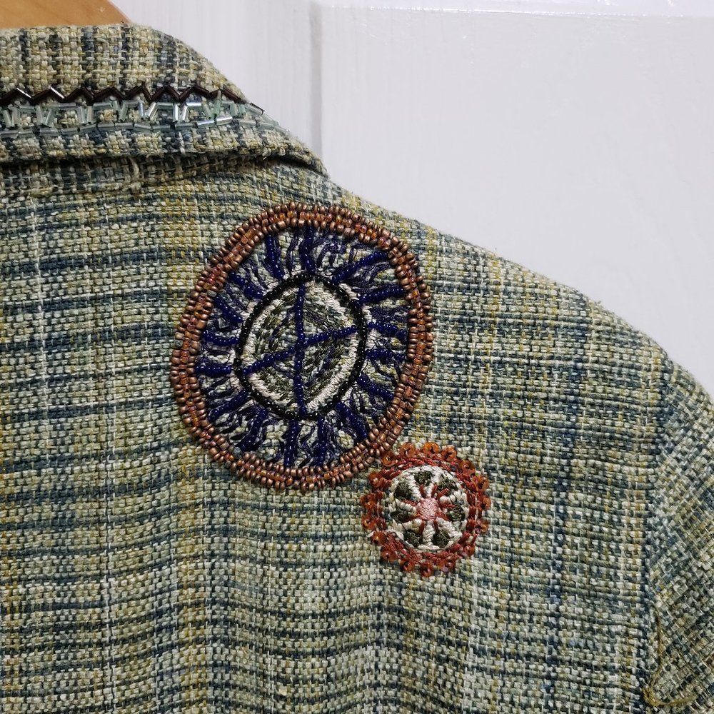 Chico's Green Multi Plaid Silk Blend Embroidered Beaded Fringe Tweed Blazer Sz S - Picture 8 of 14